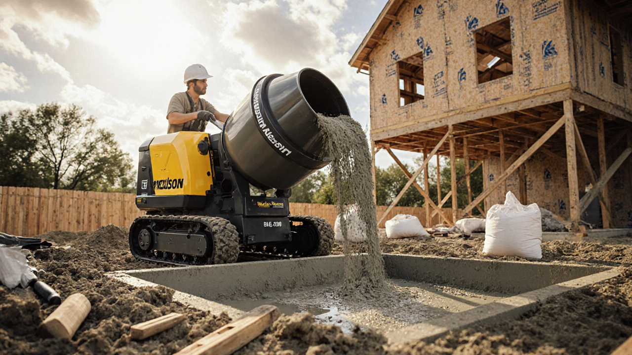 Бетономешалка на стройке частного дома, рабочий заливает бетон в опалубку.