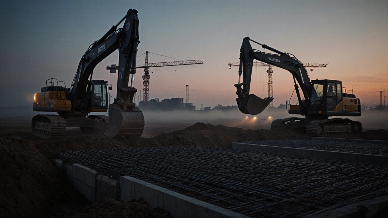 Два экскаватора и бульдозер готовят фундамент жилого комплекса на закате.