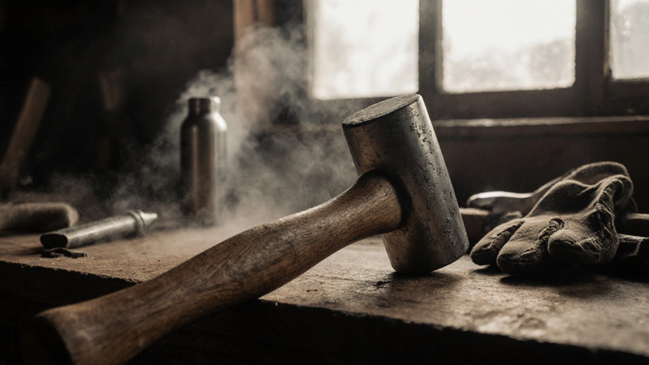 Двухсторонняя кувалда с цилиндрической и плоской головкой на деревянной стойке.