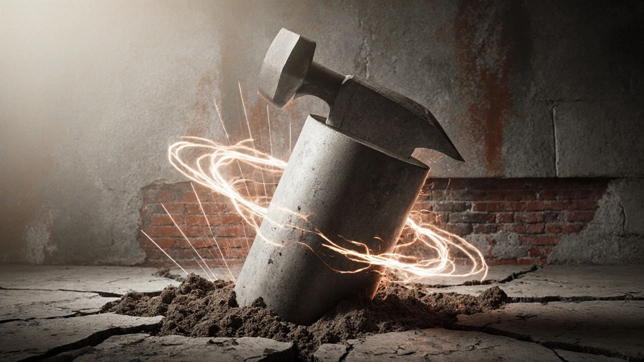 Гигантская кувалда прорывает бетон и землю, символизируя силу разрушения.
