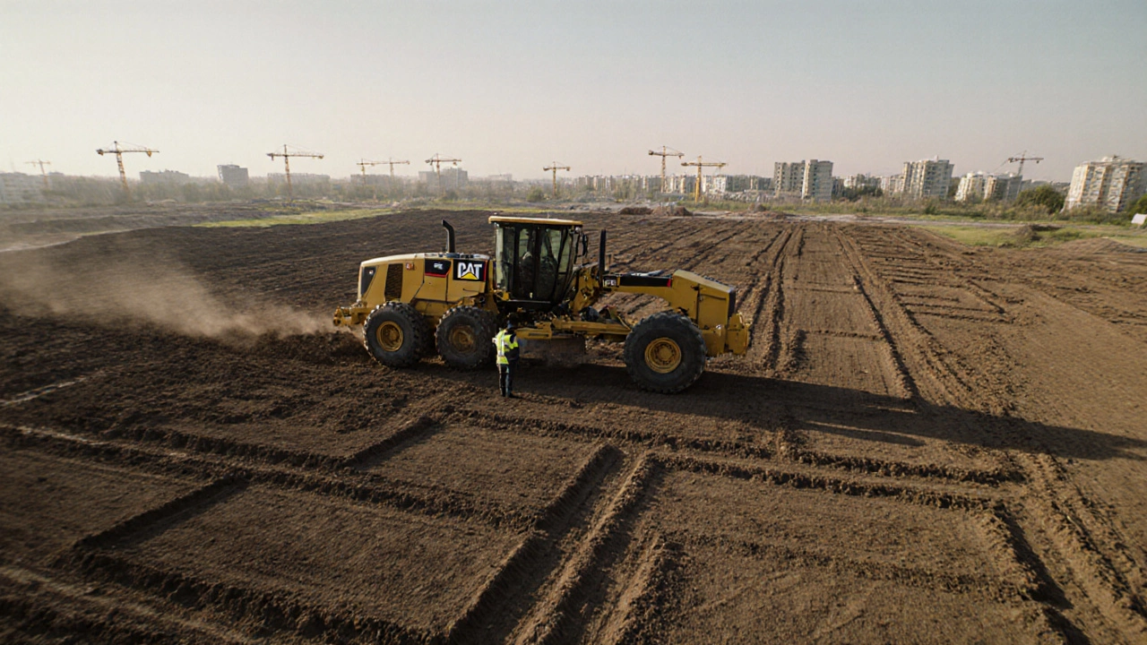 Грейдер выравнивает землю под застройку нового микрорайона, вид сверху.