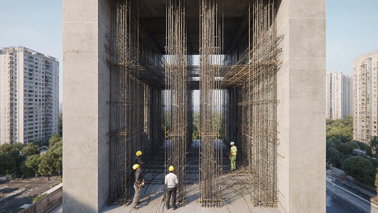 Монолитный дом под строительством с арматурой и бетоном, на фоне старых панельных зданий.