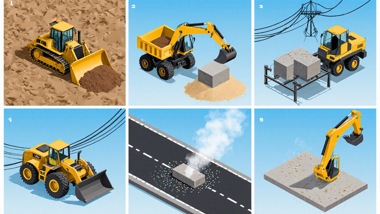 Шесть панелей показывают задачи техники: выравнивание, excavation, транспорт, подъём, укладка асфальта и резка плит.