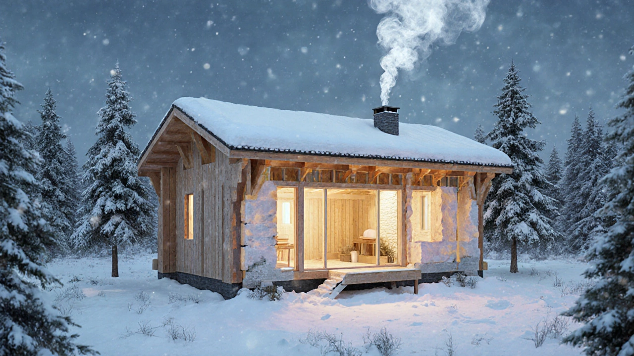Современный каркасный дом в снежном лесу с тёплым светом из окон и дымом из трубы.