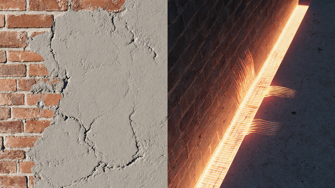 Сравнение цементов М400 и М500: один равномерно затвердевает, другой трескается от перегрева.