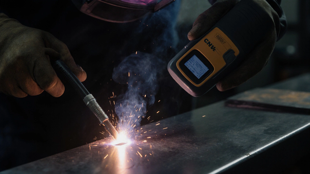 Сварщик проверяет готовый шов ультразвуковым дефектоскопом в полумраке цеха.