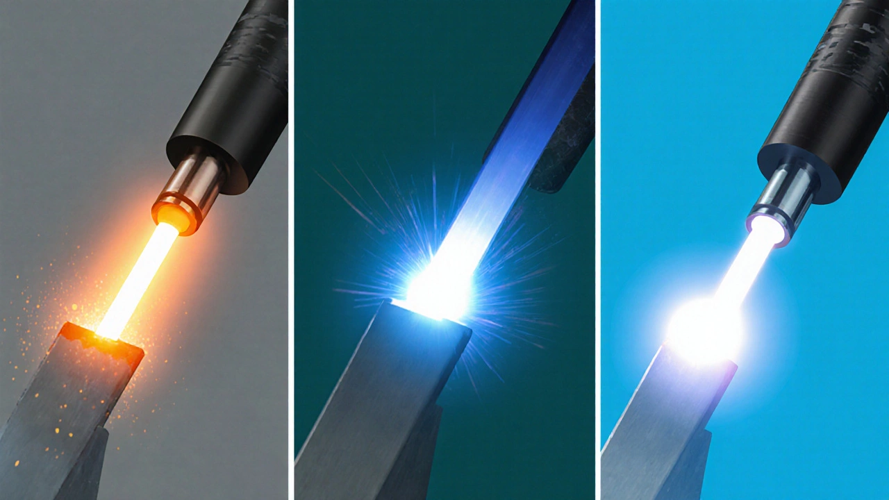 Три соседних участка показывают сварку MIG, TIG и лазером, каждый с характерным полимером и светом.