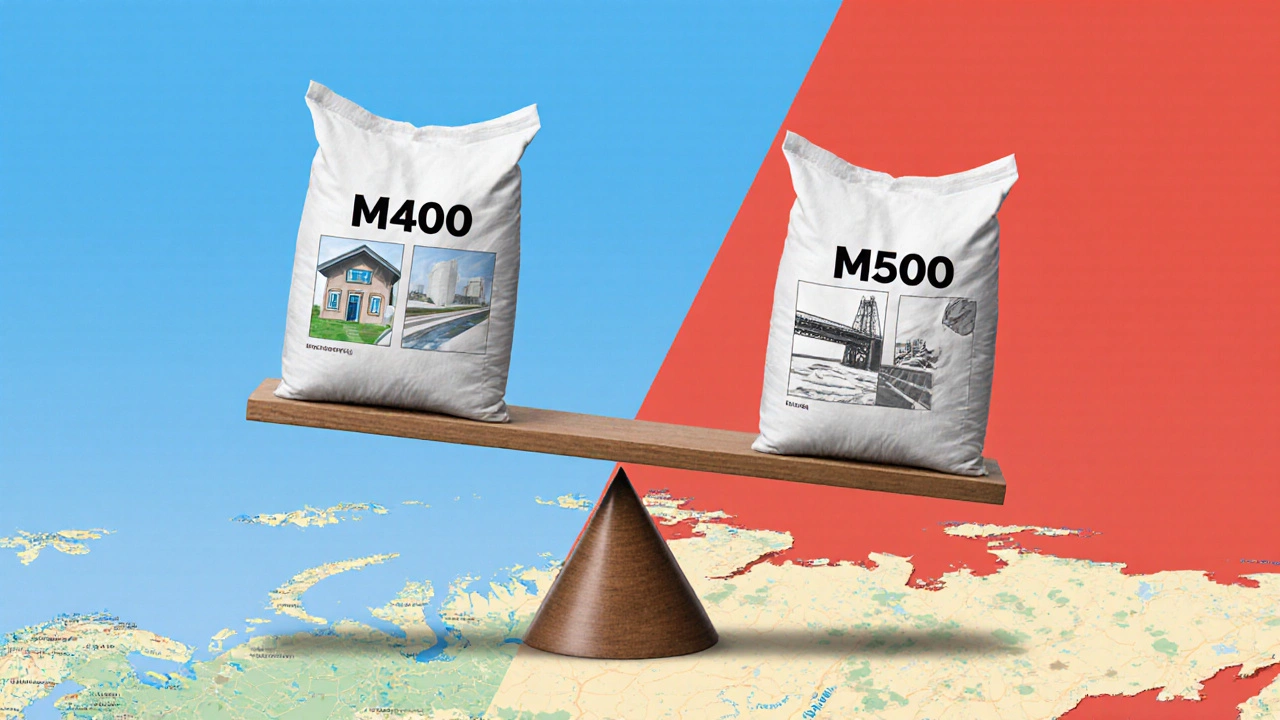 Весы с мешками цемента М400 и М500, символизирующие их разное применение в строительстве.