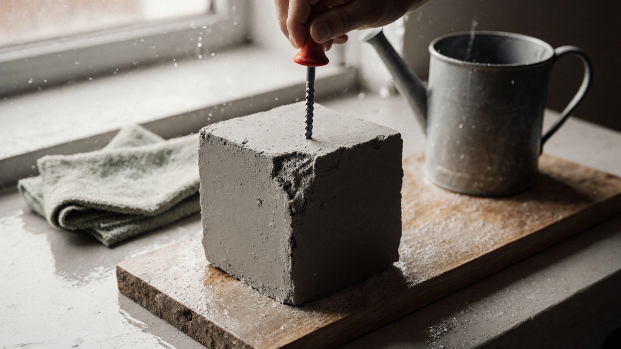 Бетонный кубик 10x10x10 см после затвердевания, проверяется отверткой на прочность.