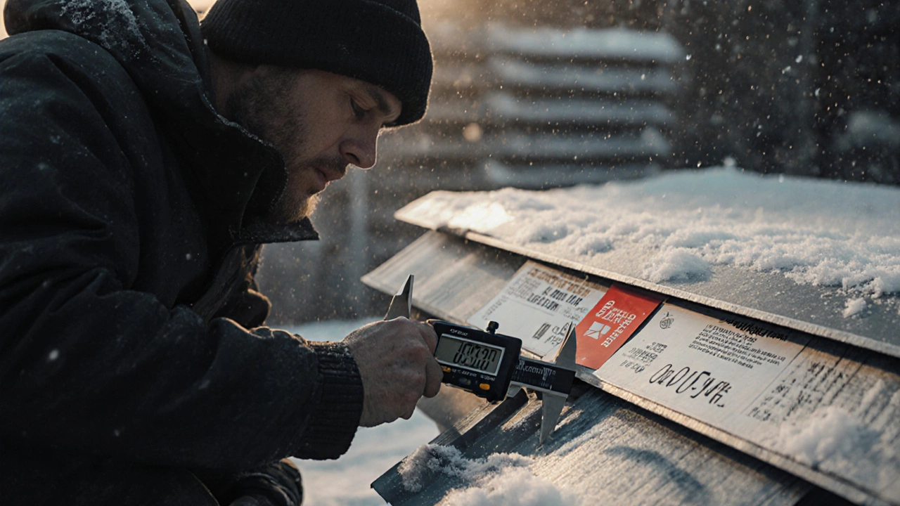 Человек измеряет толщину профнастила штангенциркулем на складе, рядом — этикетки с разными значениями.