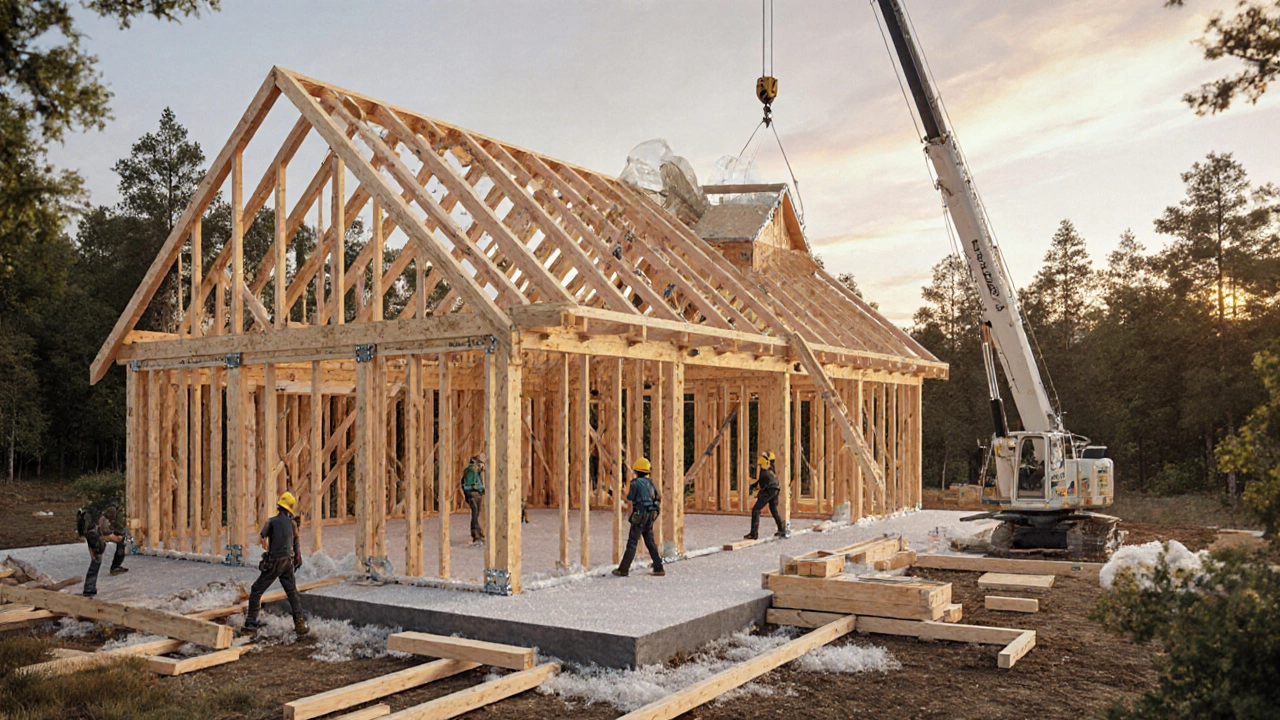 Деревянный каркас дома с утеплителем между балками и поднимающейся кровлей.