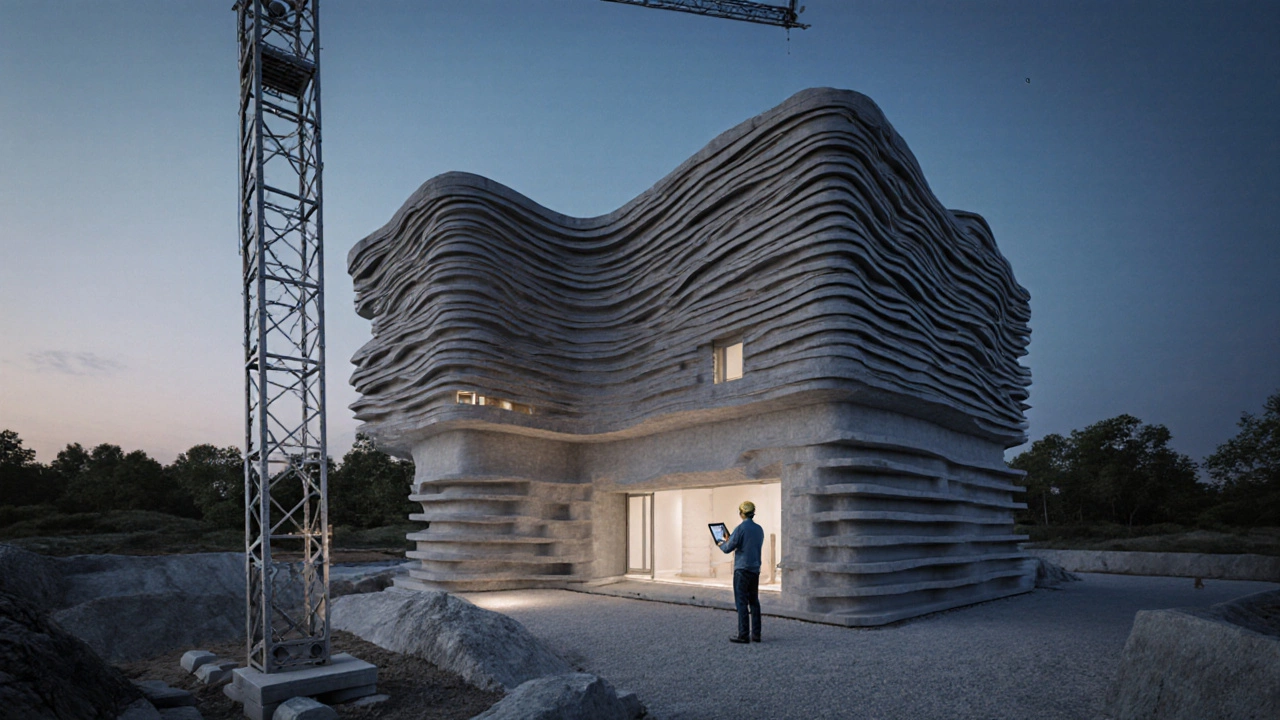 Дом, напечатанный на 3D-принтере, с волнообразными стенами из бетона, в тихом вечернем свете.
