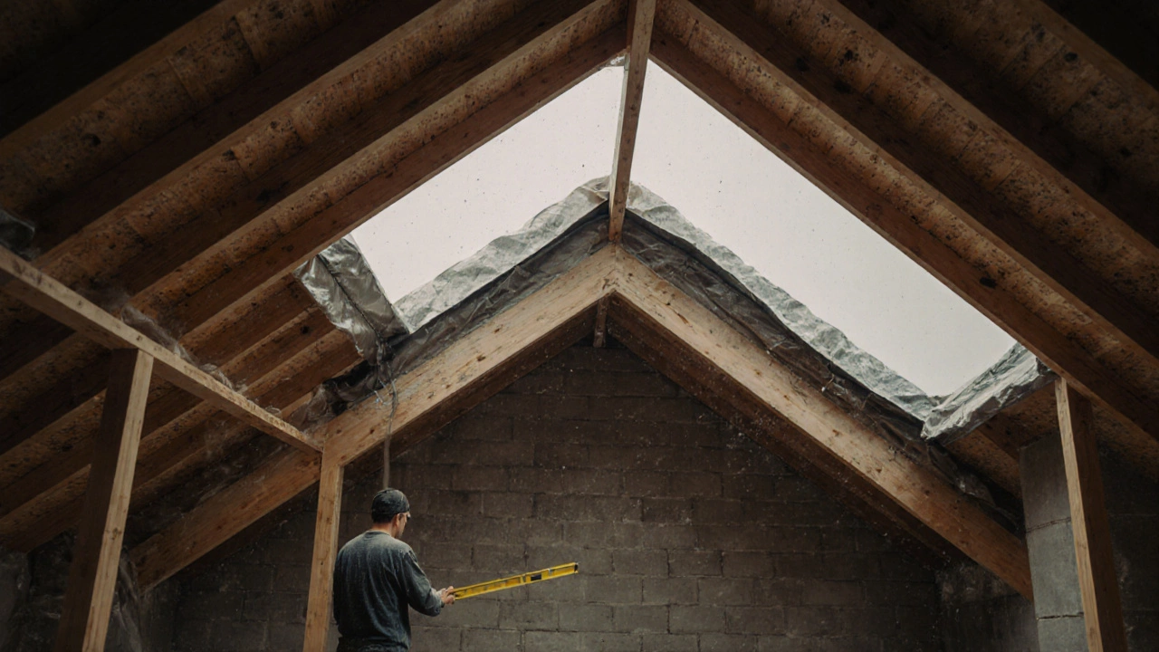 Каркас крыши с утеплением и гидроизоляцией, рабочий проверяет горизонтальность балок перекрытия в незавершенном доме.