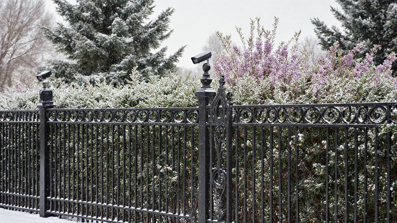 Комбинированный забор: профлист с ковкой сверху и живой изгородью, с камера безопасности на фоне снежных елей.