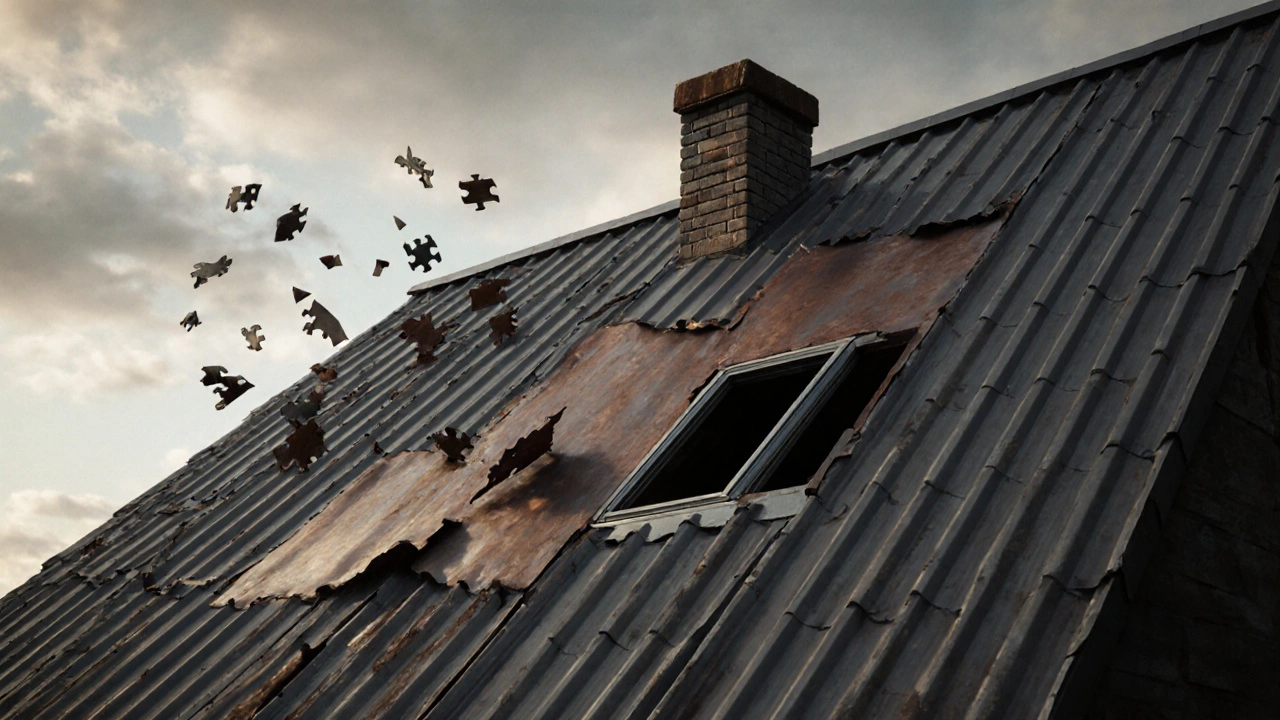 Листы кровли с вырезами вокруг дымохода и окна, обрезки падают вниз.