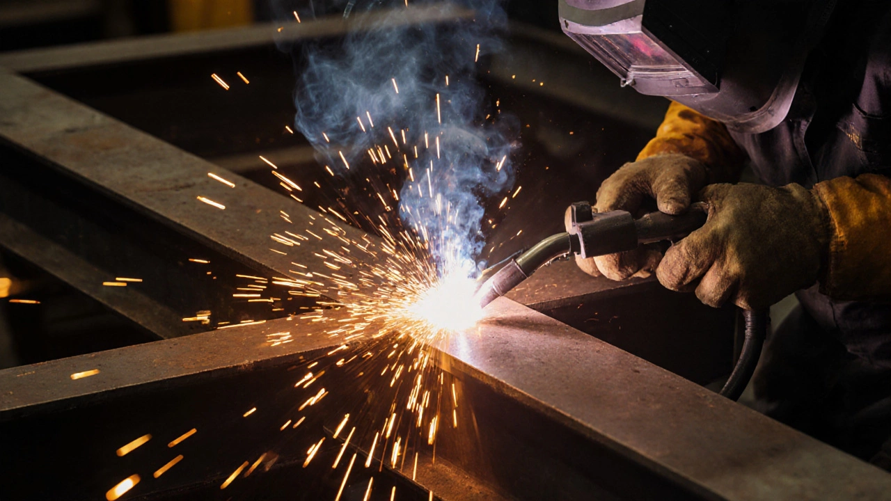 MAG-сварка толстого стального бруса на производстве, искры и пламя дуги при использовании углекислого газа.