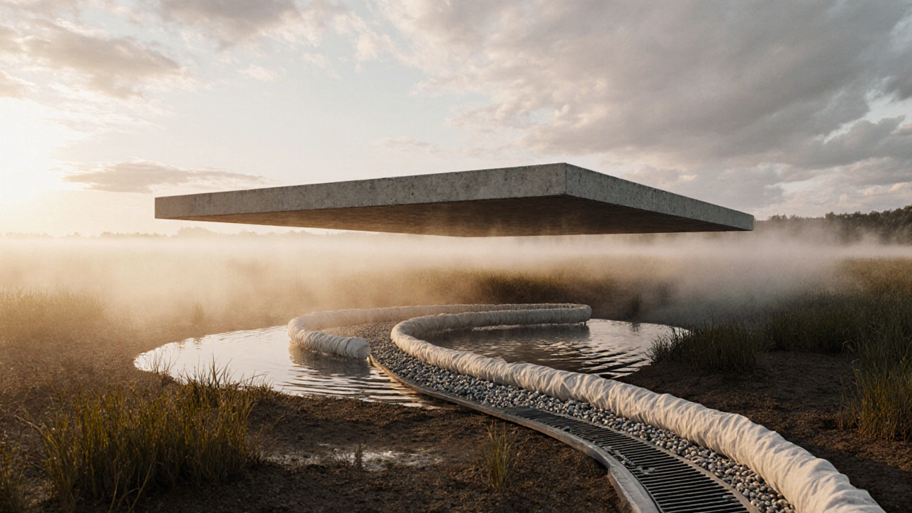 Монолитная плита на болотистом грунте с кольцевым дренажем