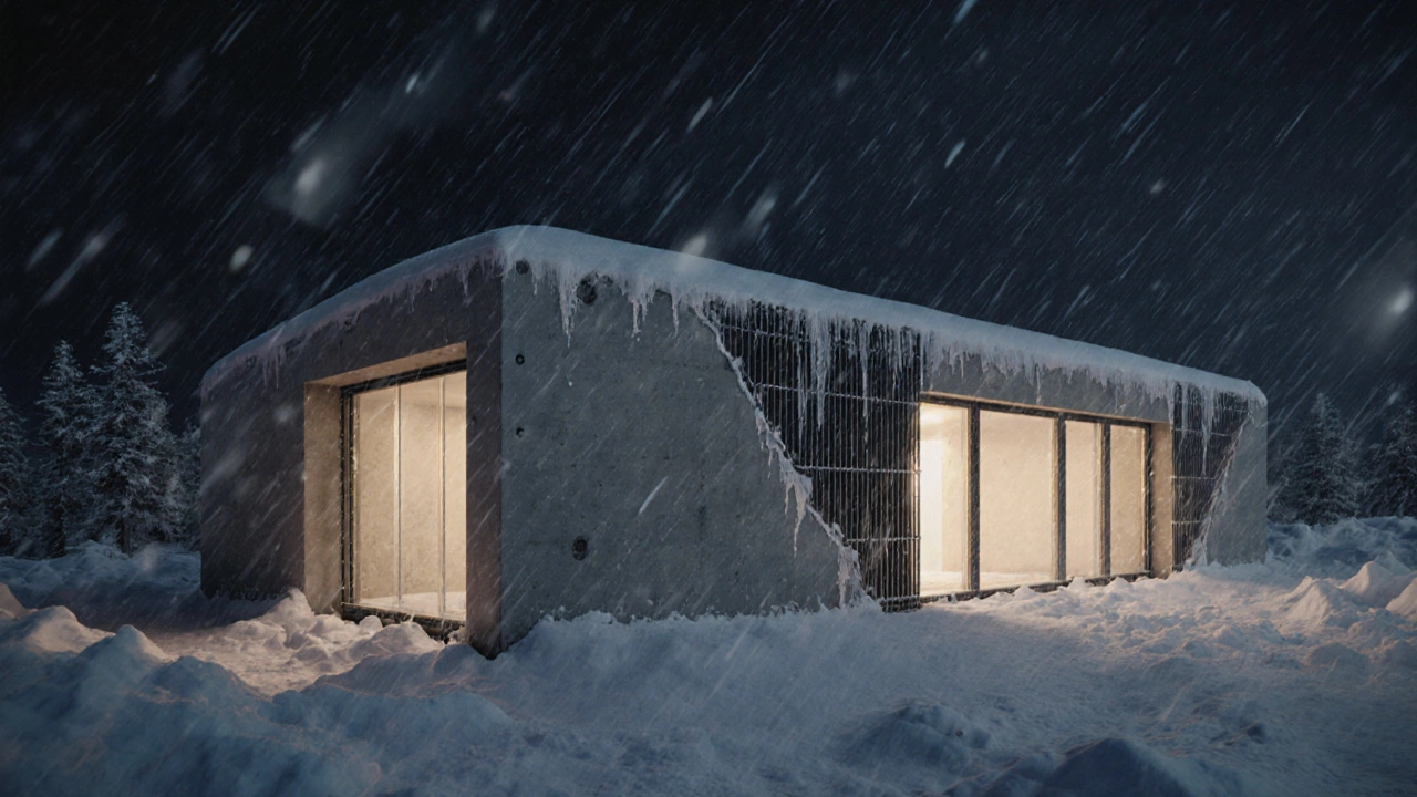 Монолитный дом в бурю при -30°C, на стенах нет инея, тепло внутри.