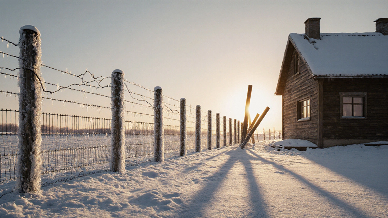 Прямой забор на фоне кривого — показатель правильного и неправильного фундамента в зимних условиях Урала.