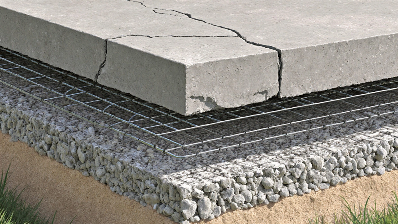 Разрез бетонной площадки с армированием, слоями щебня и песка, подчеркивающими правильную конструкцию основания.