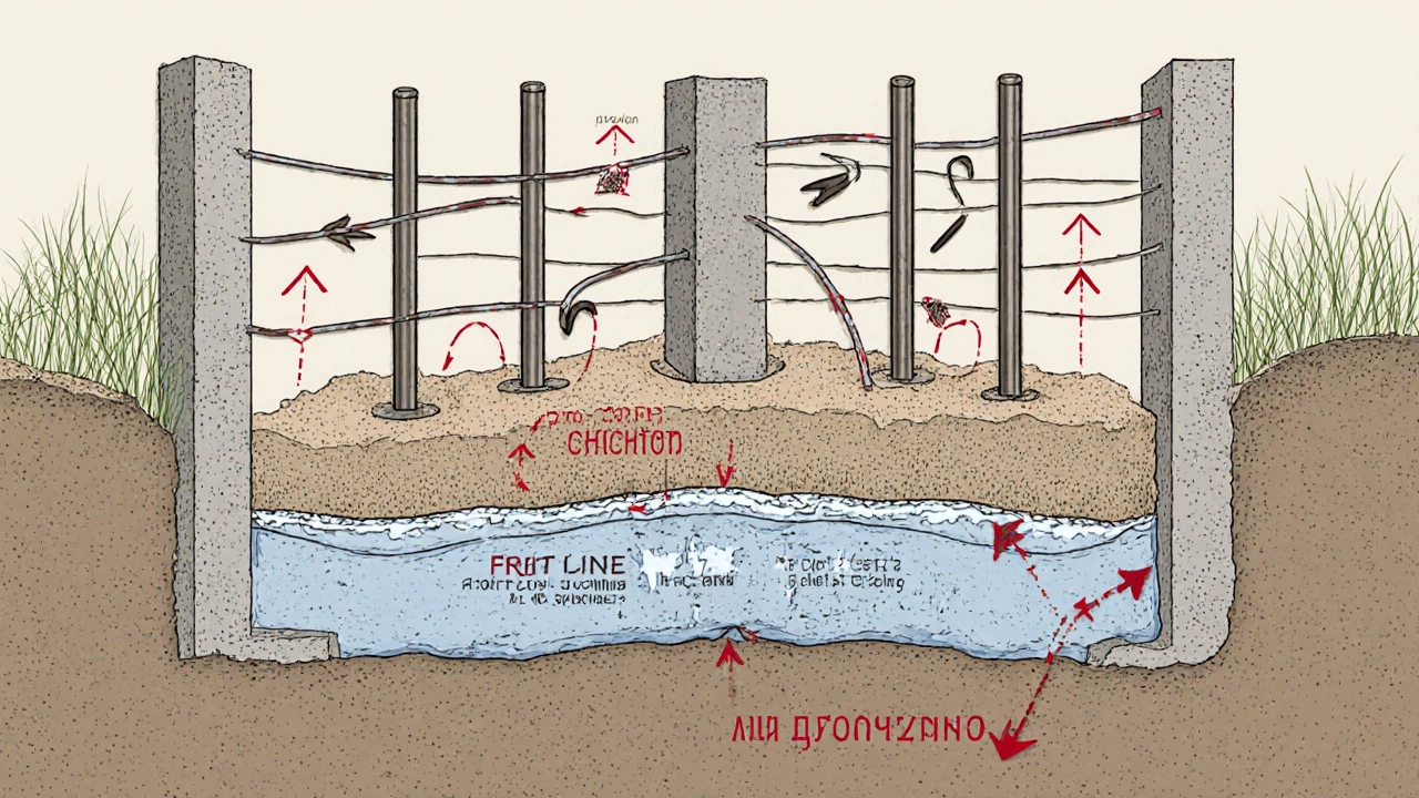 Разрез фундамента забора: песчаная подушка, арматура, бетон и уровень промерзания грунта 1,9 м.
