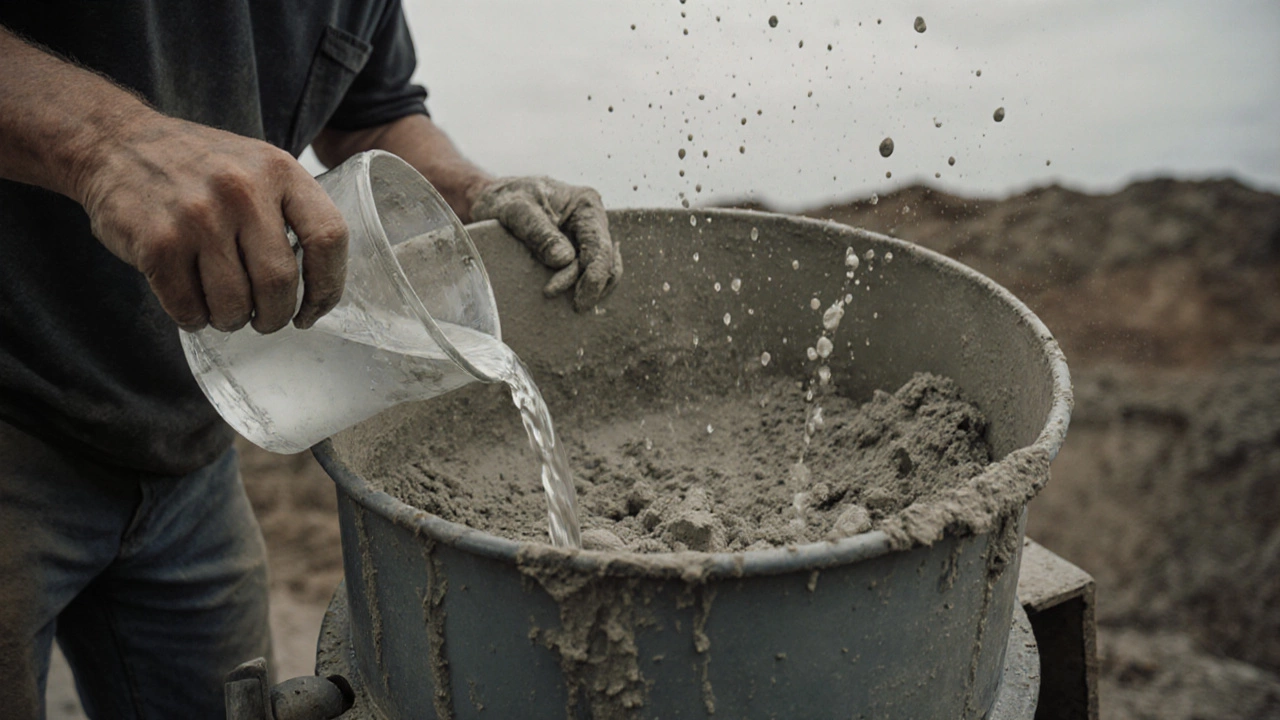 Ручная бетономешалка с готовой смесью, вода постепенно добавляется в сухие ингредиенты.