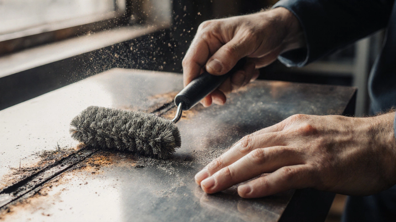 Рука чистит сварной шов металлической щёткой, удаляя мелкую пыль и окалину.