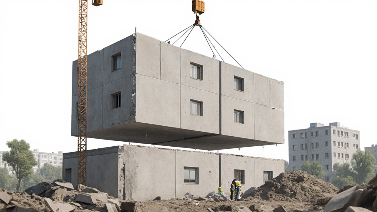 Сборка панельного жилого дома на окраине города с помощью крана и готовых железобетонных блоков.