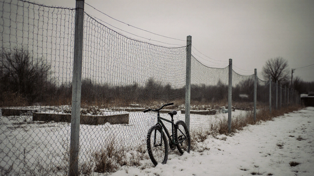 Сетка-рабица с легким снегом на столбах, рядом велосипед и огород.