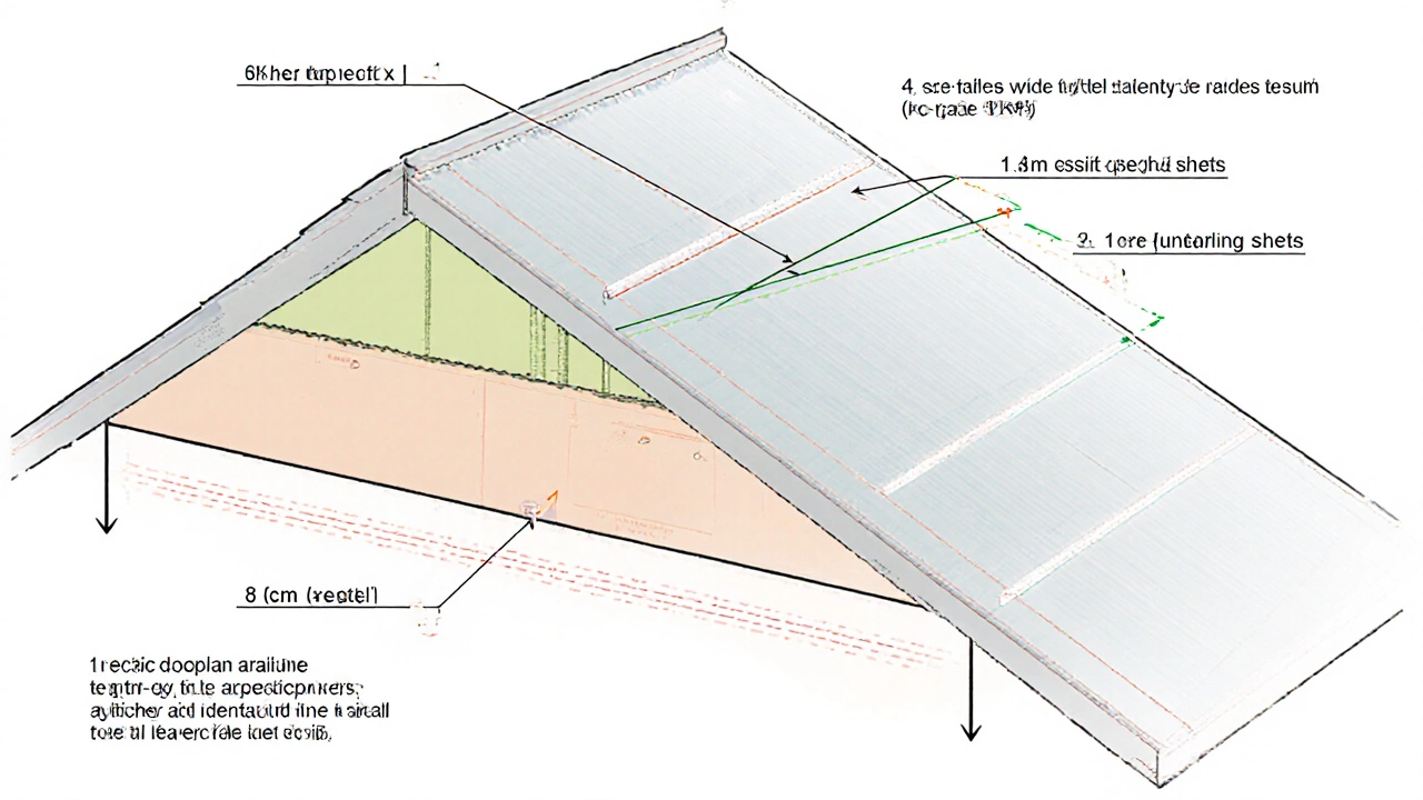 Схема устройства крыши с указанием размеров и нахлеста листов.