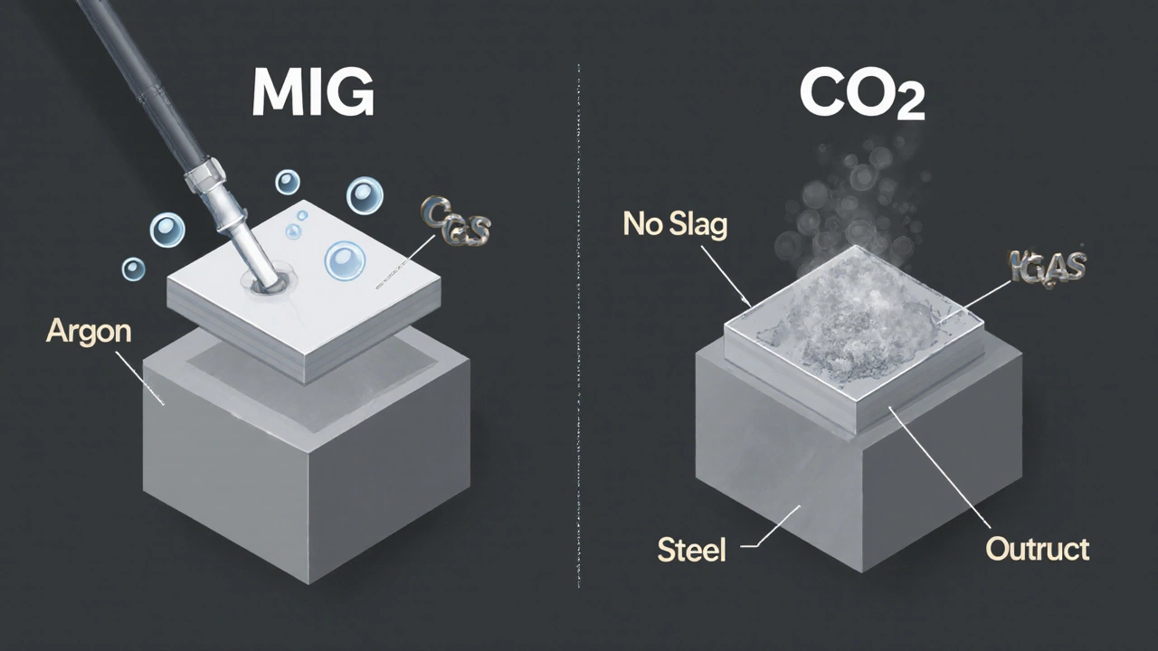Сравнение MIG и MAG сварки: слева — чистый шов на алюминии с аргоном, справа — шов на стали с шлаком и CO₂.