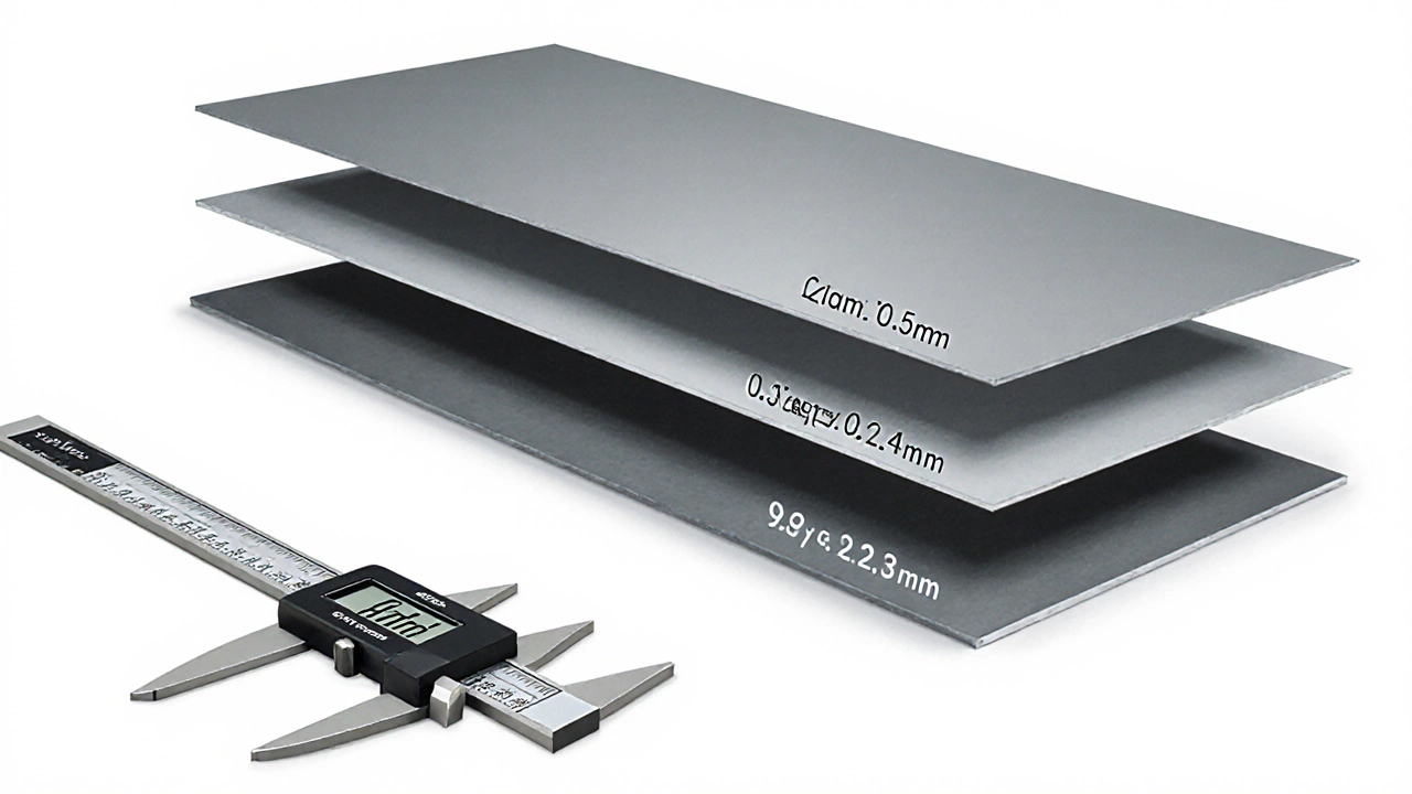 Сравнение толщины профнастила: 0,45 мм, 0,5 мм и 0,7 мм с обозначением покрытия и цинка.