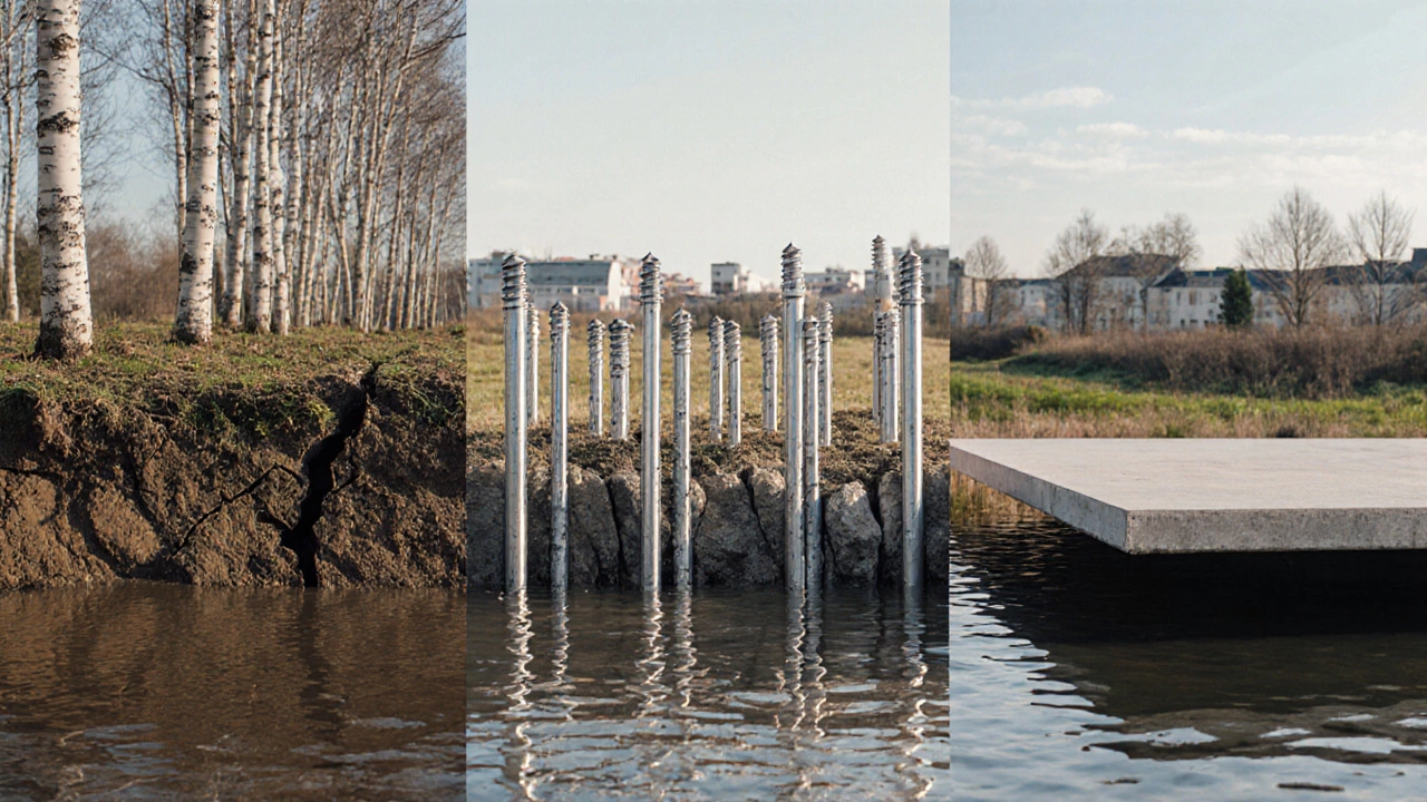 Сравнение трех типов фундаментов на влажной почве: треснувший, свайный и плавающий