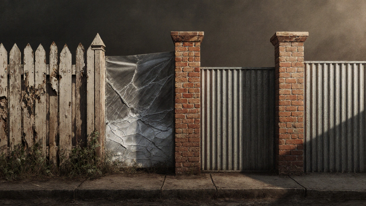 Сравнение заборов: дерево, пластик, кирпич и профлист — профлист выглядит самым прочным.