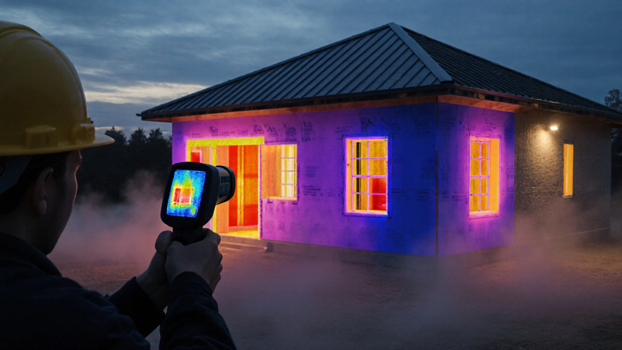 Тепловизионный осмотр дома: цветные участки утечки тепла на стенах и окнах.