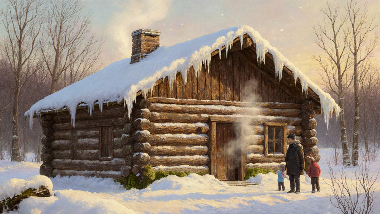 Традиционный сруб из бревна зимой, пар поднимается от стен, семья наблюдает за усадкой.