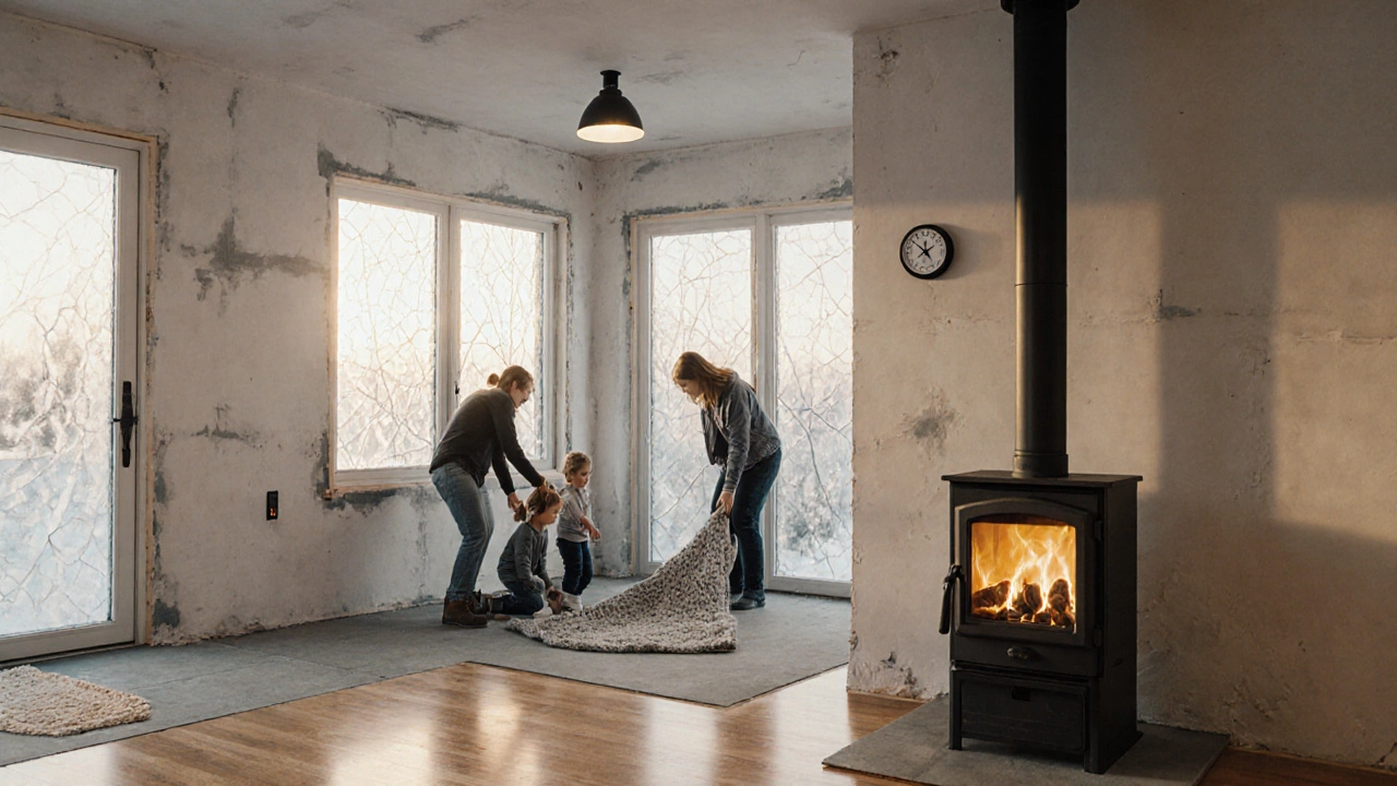 Уютная гостиная в доме после зимы: окна, пол с подогревом, семья устанавливает мебель, за окном — мороз.