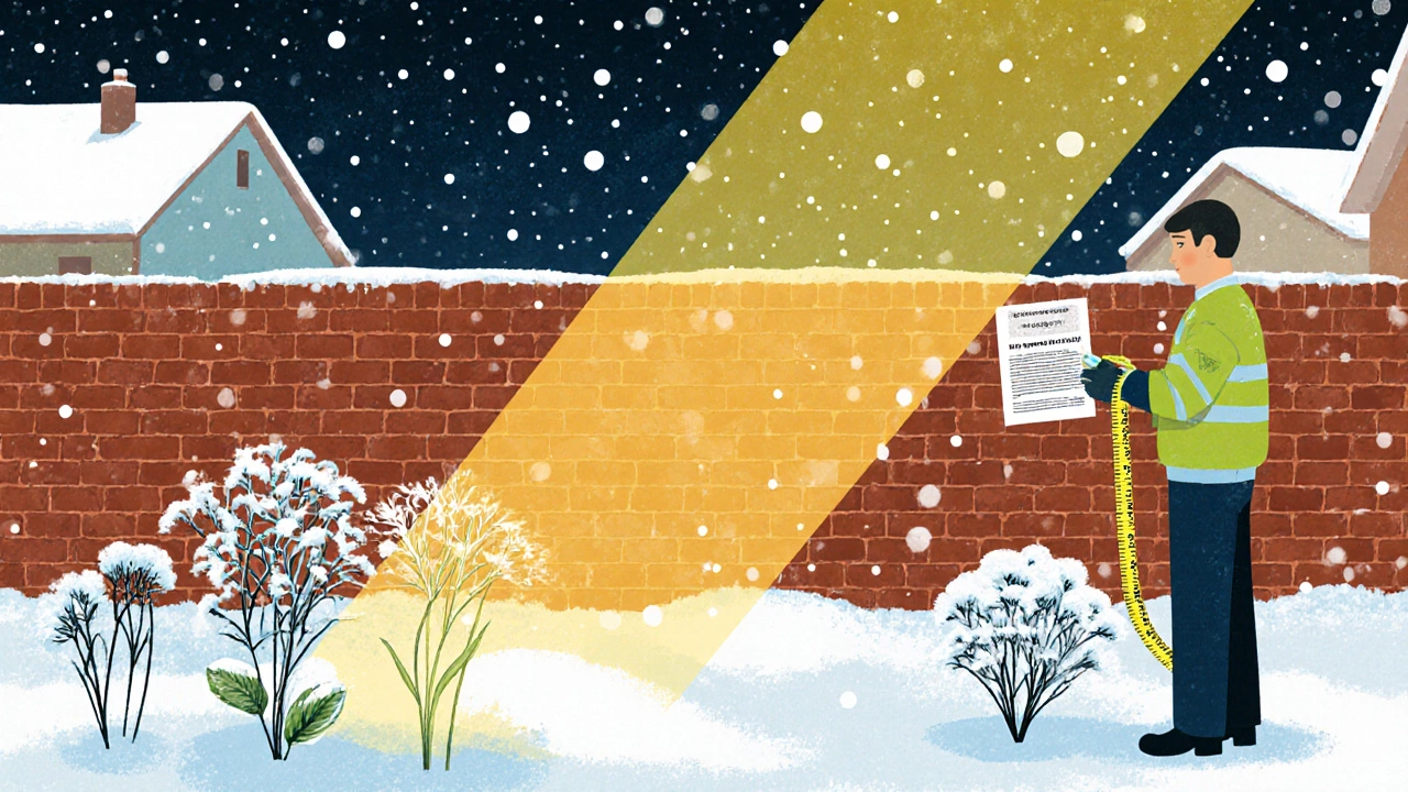 Высокий кирпичный забор отбрасывает тень на замерзший сад, рядом инспектор с измерительной лентой и уведомлением о нарушении.