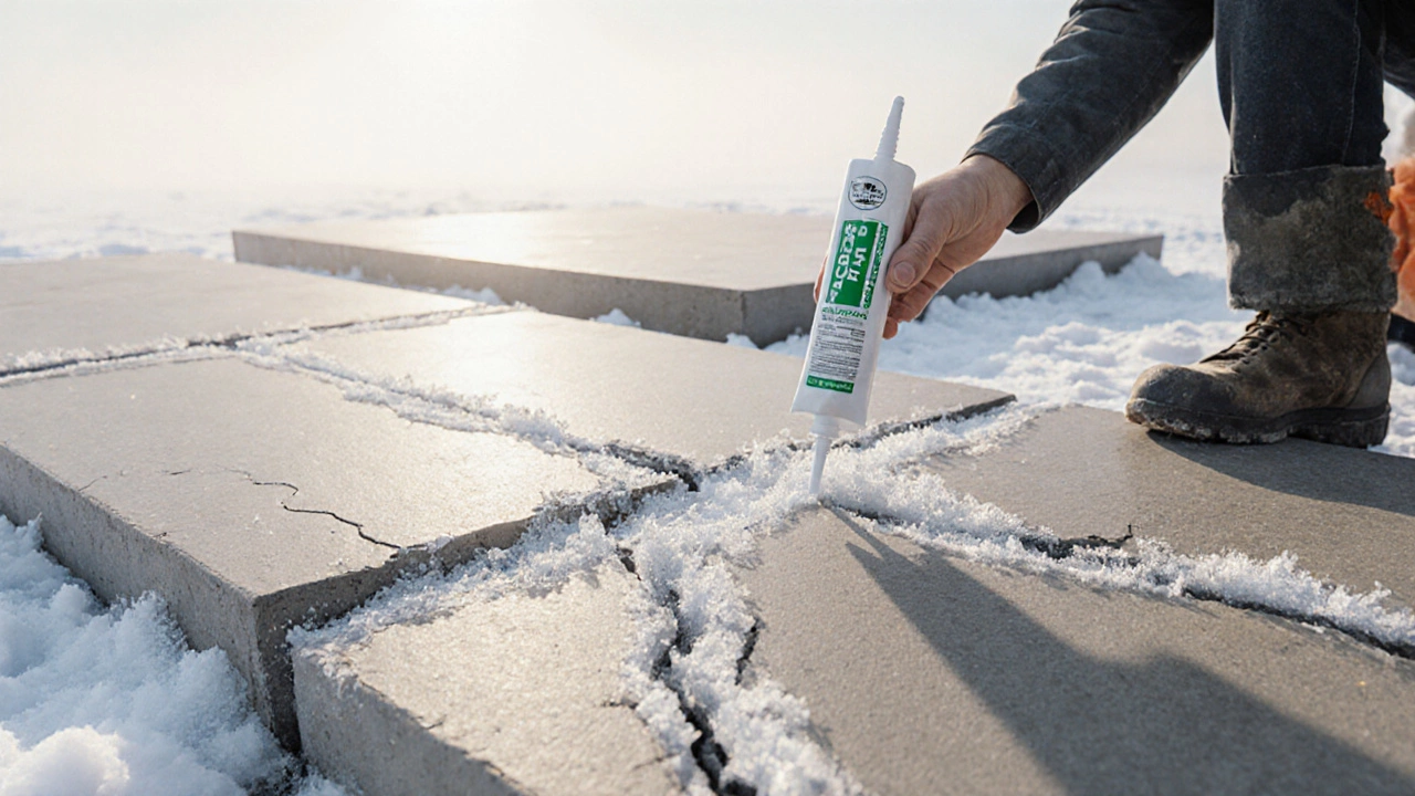 Зимой треснувший бетон с льдом в швах, рядом рука заполняет шов эластичным герметиком.