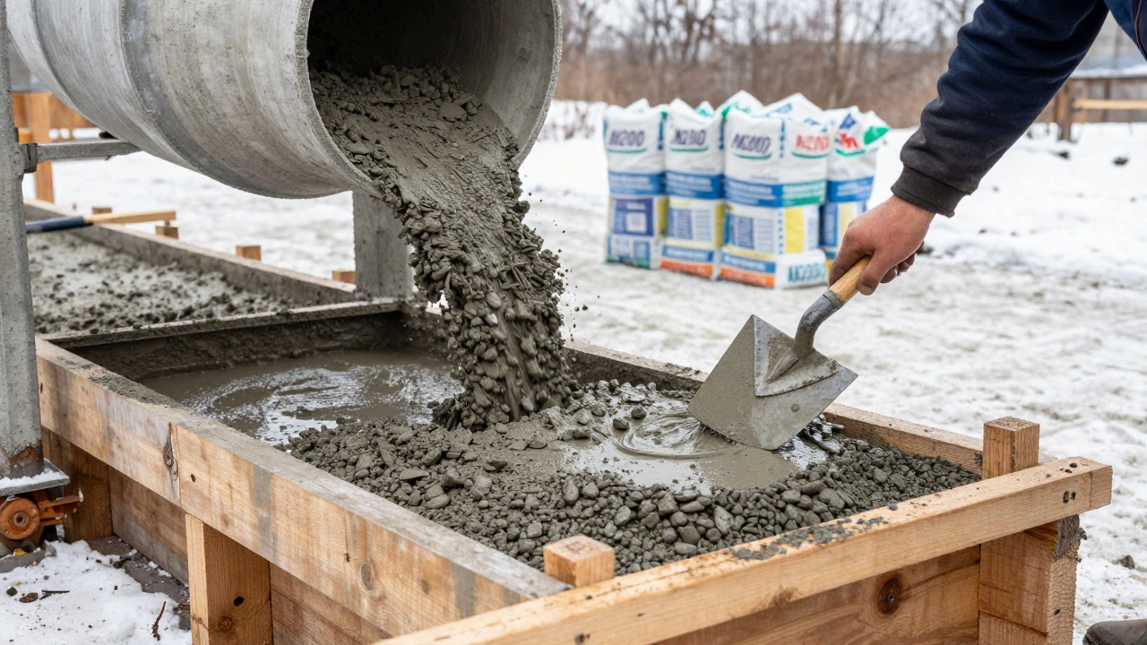 Бетономешалка заливает бетон в опалубку фундамента, пять мешков цемента на заднем плане.