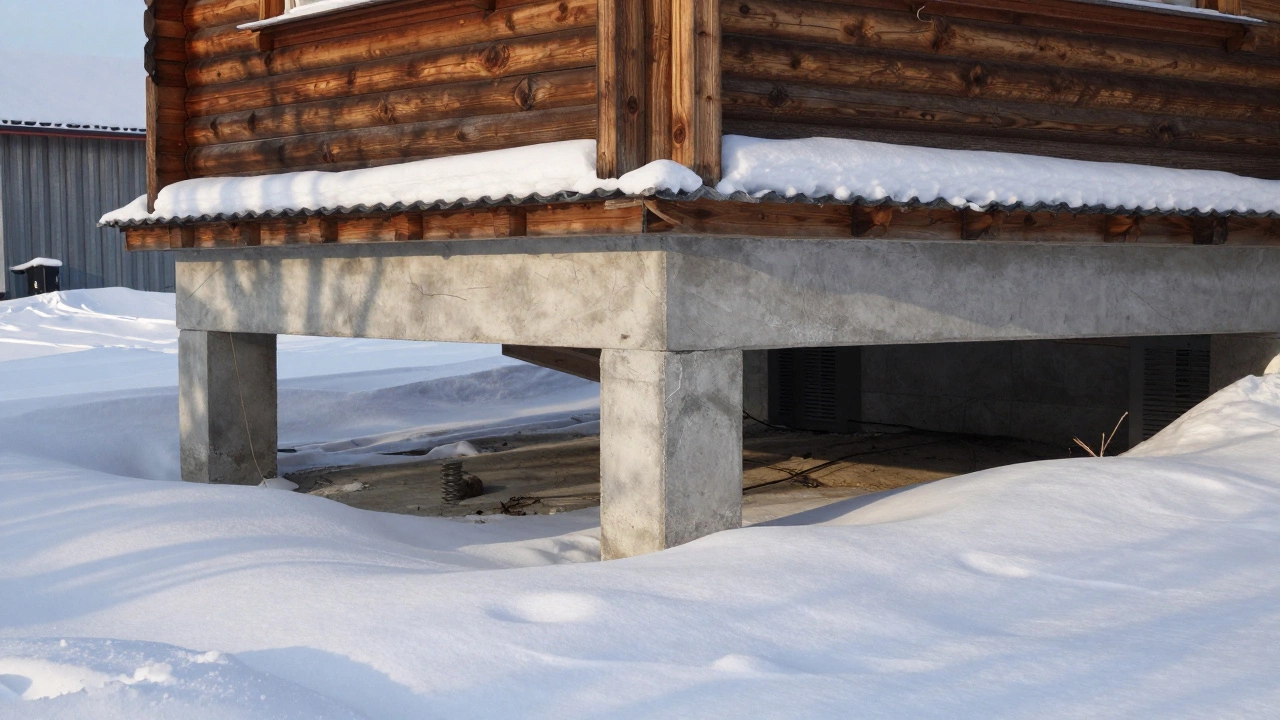 Деревянный дом на винтовых сваях с цоколем 50 см и вентиляционными решетками в снежной среде.