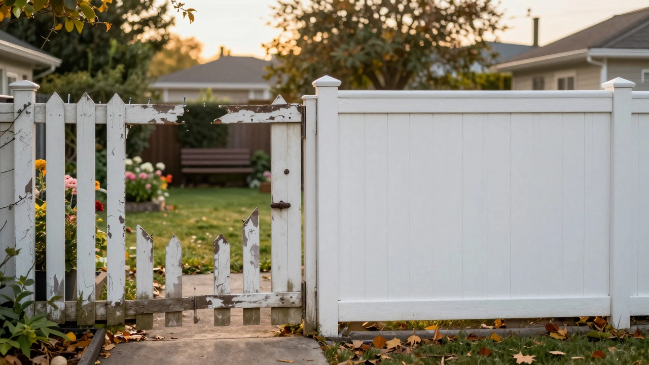 Контраст двух заборов: один аккуратный и ухоженный, другой с торчащими гвоздями и ржавчиной, золотой закат.