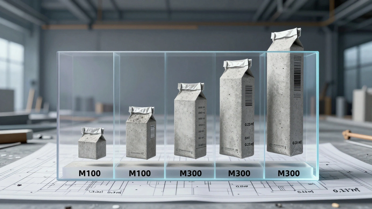 Прозрачная модель бетона разных марок с уменьшающимися мешками цемента от M100 до M300.