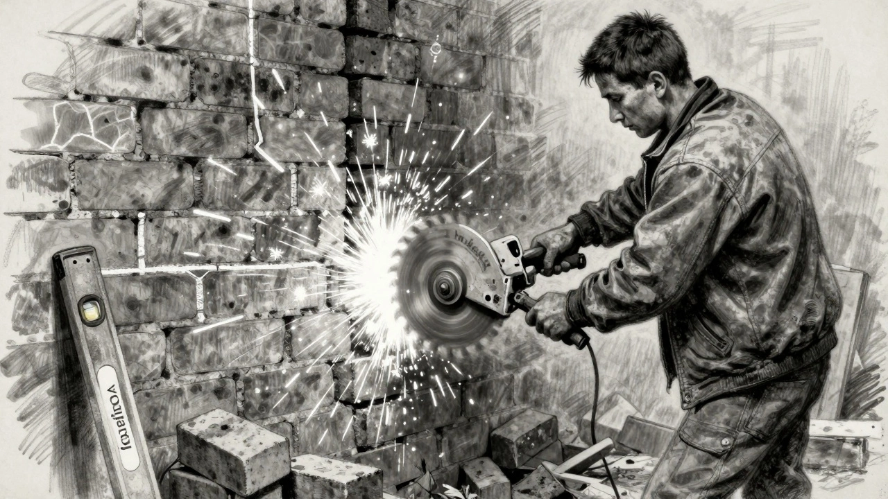 Рабочий использует болгарку для резки стены, искры летят в воздухе, на фоне — разметка штроб.