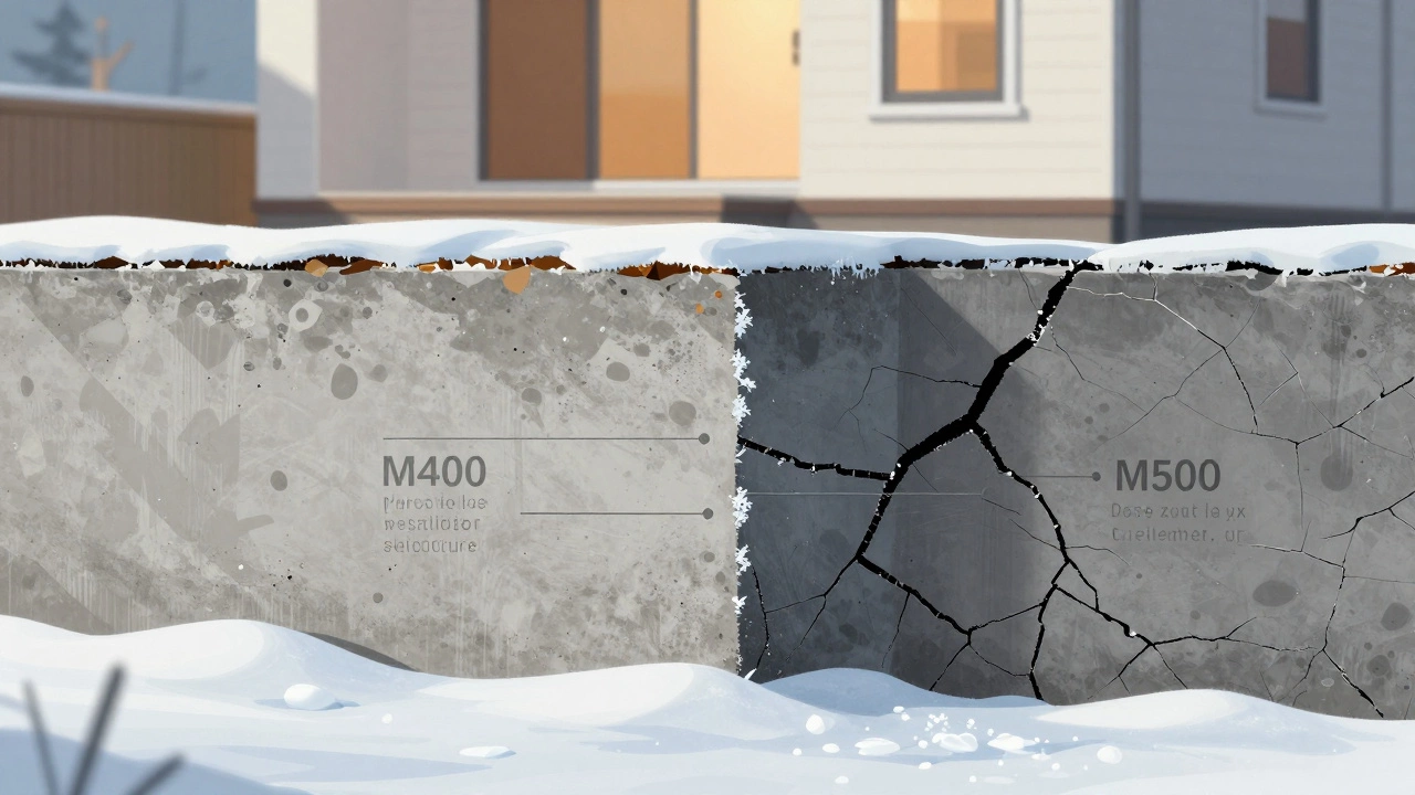 Разрез фундамента: бетон М400 с пористой структурой и М500 с трещинами на фоне морозных кристаллов.