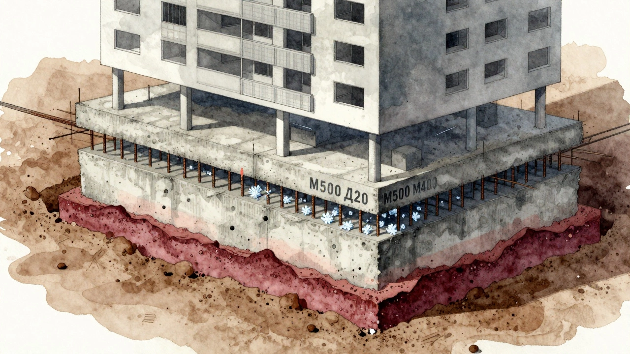 Разрез фундамента с арматурой и бетоном М500 Д20, видны кристаллы мороза и тепловой поток.