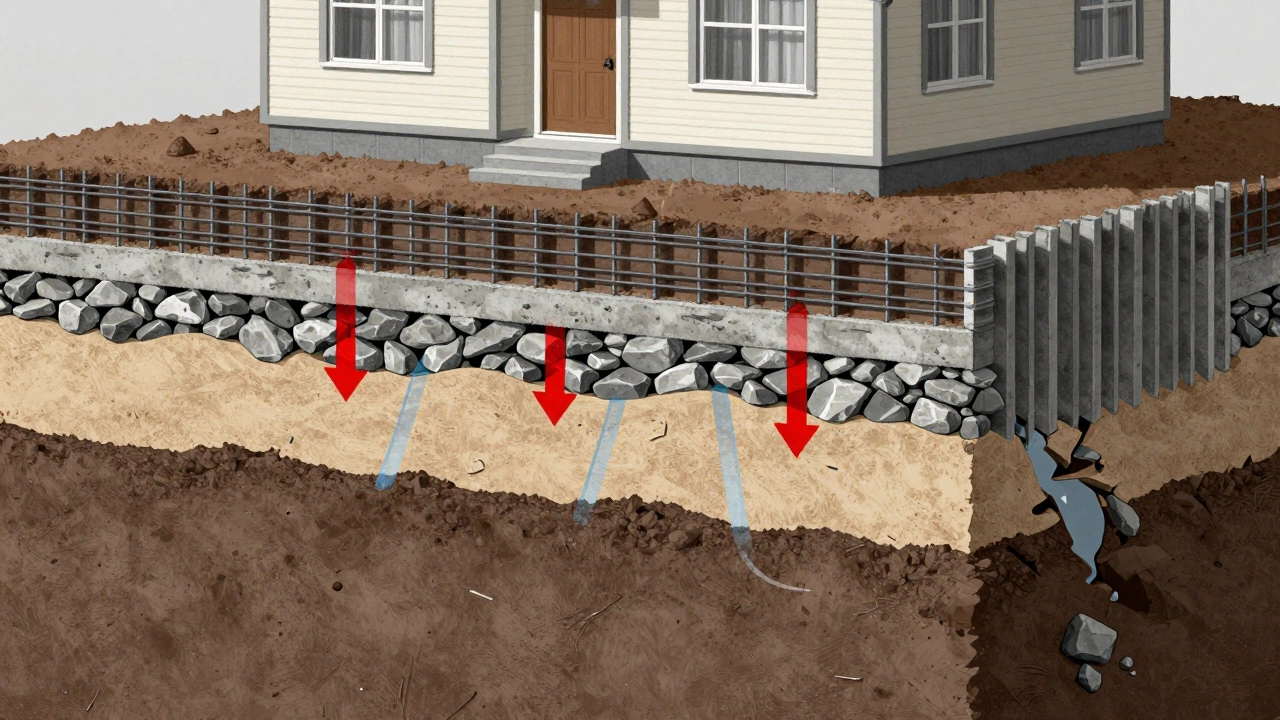 Разрез фундамента: слои подушки, арматура и бетон, сравнение правильной и ошибочной конструкции.