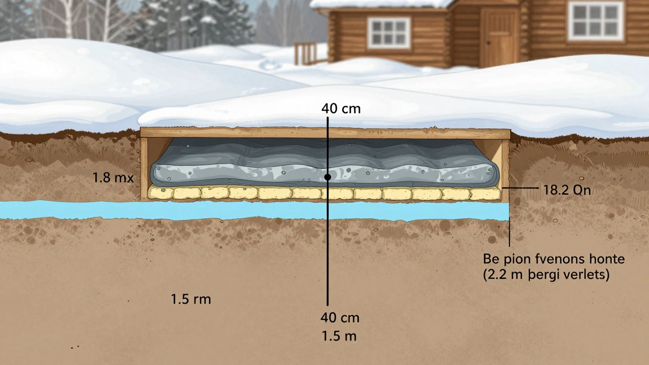 Разрез фундамента в сибирском грунте: глубина ниже промерзания, дренаж, гидроизоляция и утепление.
