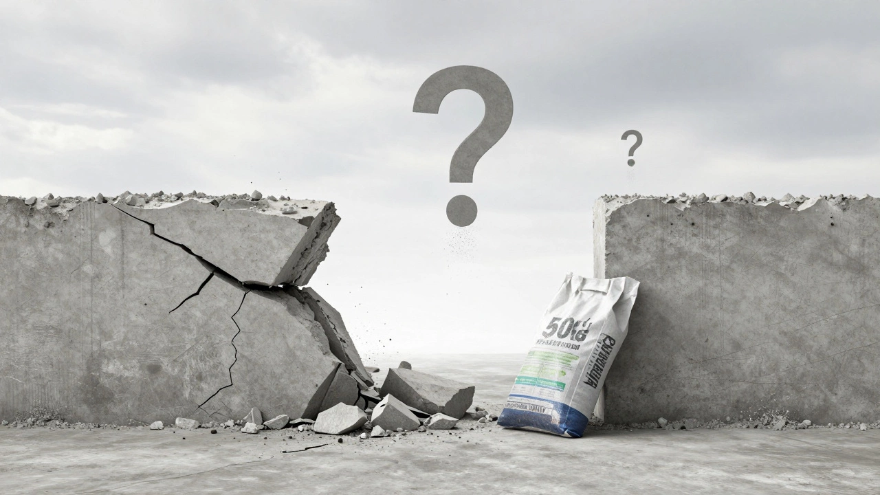 Разрушенный и прочный фундамент рядом с мешком цемента — сравнение качеств бетона.