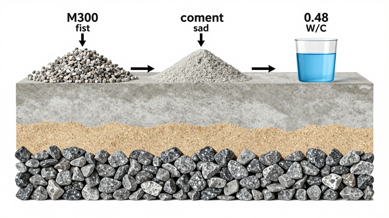 Схема правильного состава бетона М300: щебень, песок, цемент и вода в точных пропорциях.